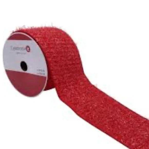 Sparkly Red tinsel WIRED solid Ribbon 3.5” - Picture 1 of 4